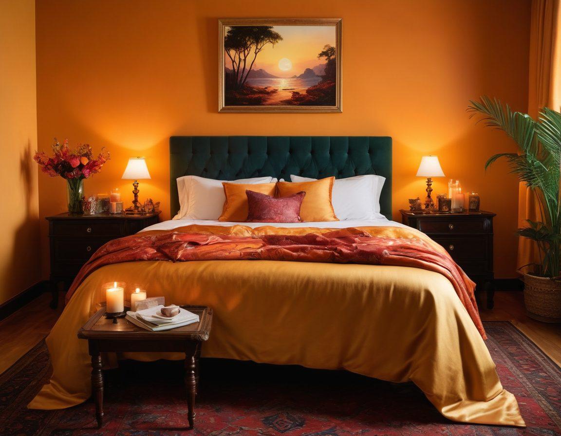An intimate scene depicting a cozy, softly lit bedroom filled with sensual artifacts like candles, silk sheets, and tastefully arranged flowers. A couple is captured in a moment of playful intimacy, laughter, and soft touches, surrounded by vibrant colors and a touch of mystery. The atmosphere is inviting yet tasteful, evoking feelings of warmth and exploration. The background should hint at adventure with subtle silhouettes of exotic landscapes. super-realistic. vibrant colors. warm tones.