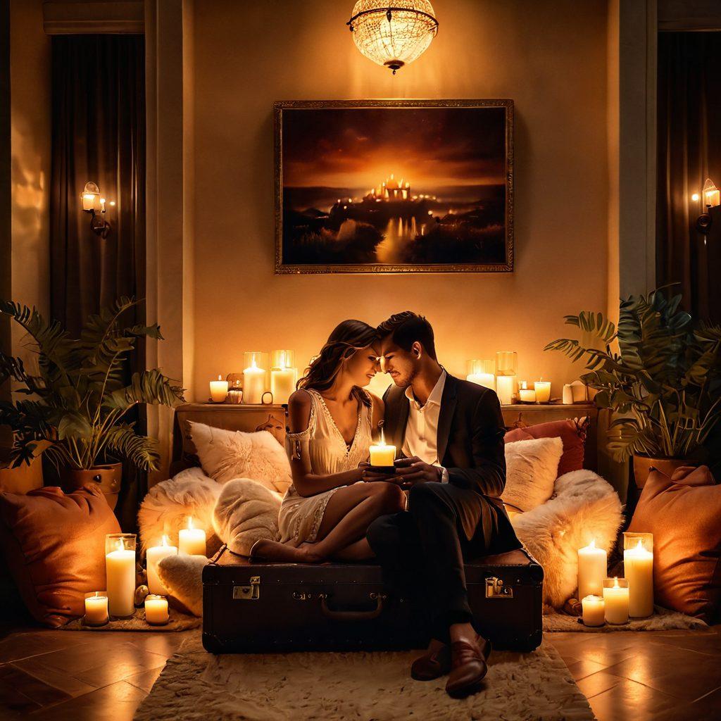 A warm, inviting setting featuring a couple in an intimate embrace under soft, ambient lighting, surrounded by flickering candles and plush cushions. Include subtle hints of travel, like a suitcase or a globe in the background to signify journeys. The atmosphere should evoke feelings of romance and adventure, with rich colors and gentle textures. super-realistic. warm tones. soft focus.
