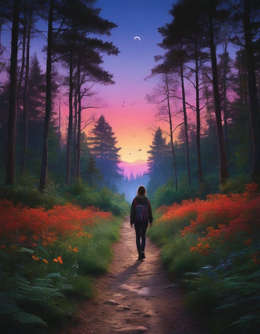 A bold and adventurous scene depicting a path leading through a vibrant and whimsical forest filled with suggestive silhouettes of playful beings, exploration symbols like compasses, maps, and playful hearts, intermingled with elements of the erotic community such as abstract art and tasteful representations of adult themes. A soft, enchanting twilight enhances the atmosphere. super-realistic. vibrant colors. ethereal lighting.